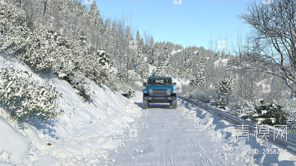 雪地山路 冬季山林 越野车3D模型下载【ID:2058274】