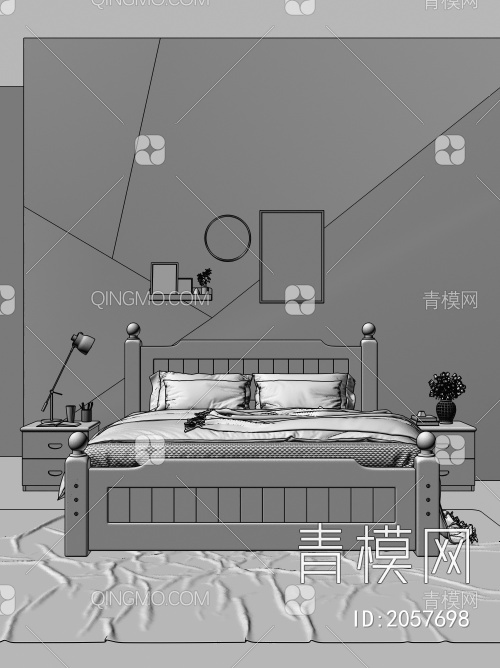 卧室 实木双人床 床头柜组合3D模型下载【ID:2057698】