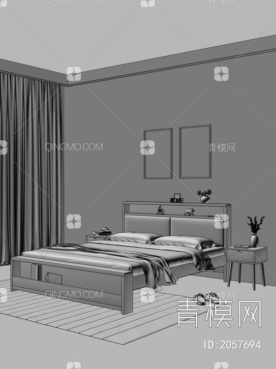 卧室 实木双人床 床头柜组合3D模型下载【ID:2057694】