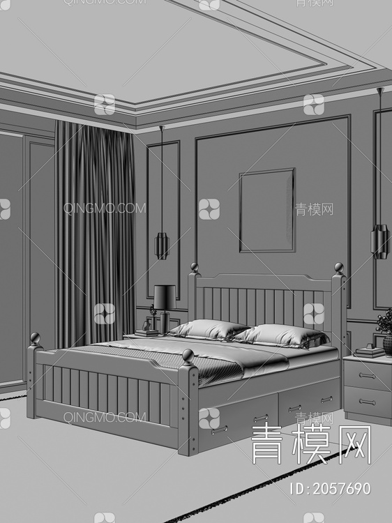 卧室 实木双人床 床头柜组合3D模型下载【ID:2057690】