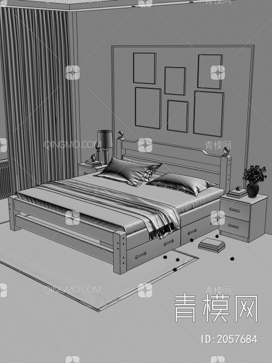 卧室实木双人床 床头柜组合3D模型下载【ID:2057684】