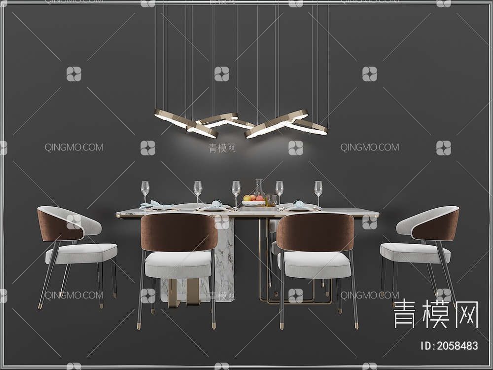 餐桌餐椅 餐厅灯具组合3D模型下载【ID:2058483】