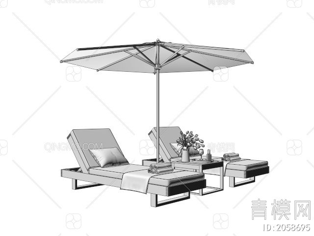 户外躺椅 庭院躺椅 沙滩躺椅 遮阳伞3D模型下载【ID:2058695】