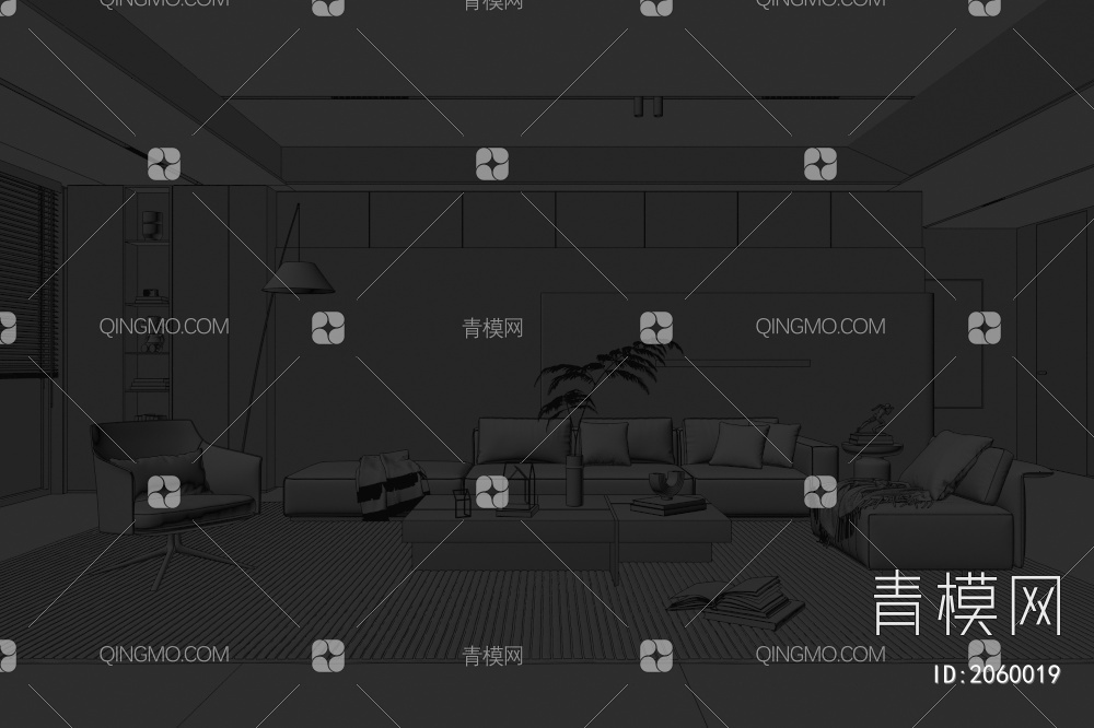 家居客厅 客厅 茶几组合 沙发背景墙 落地灯 极简客厅3D模型下载【ID:2060019】