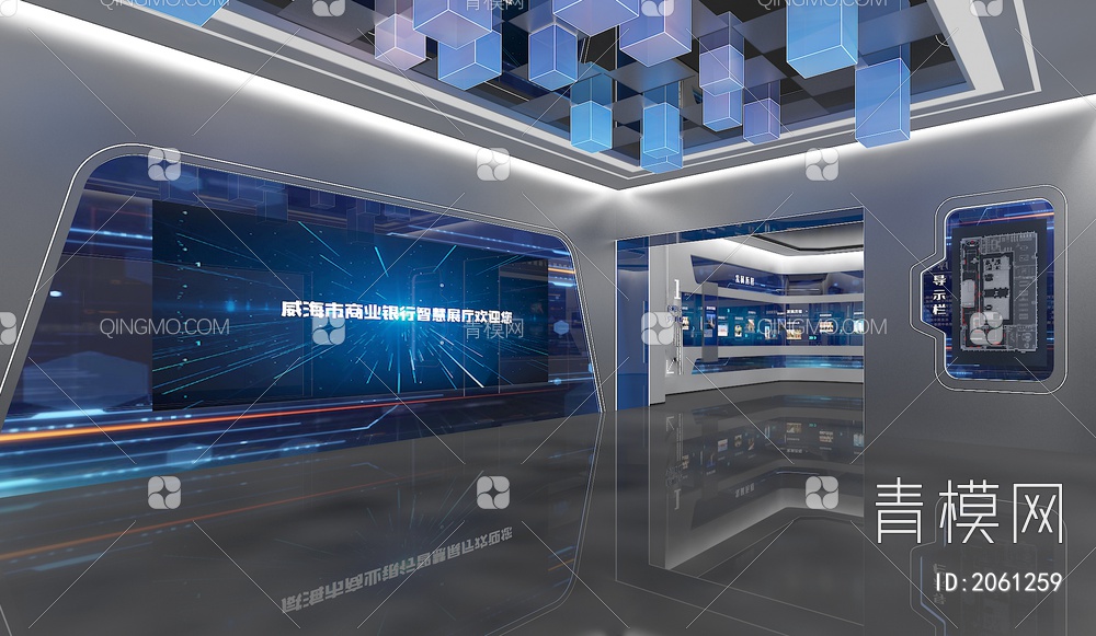 科技企业展厅 滑轨屏 展示台 荣誉墙 LED拼接大屏3D模型下载【ID:2061259】