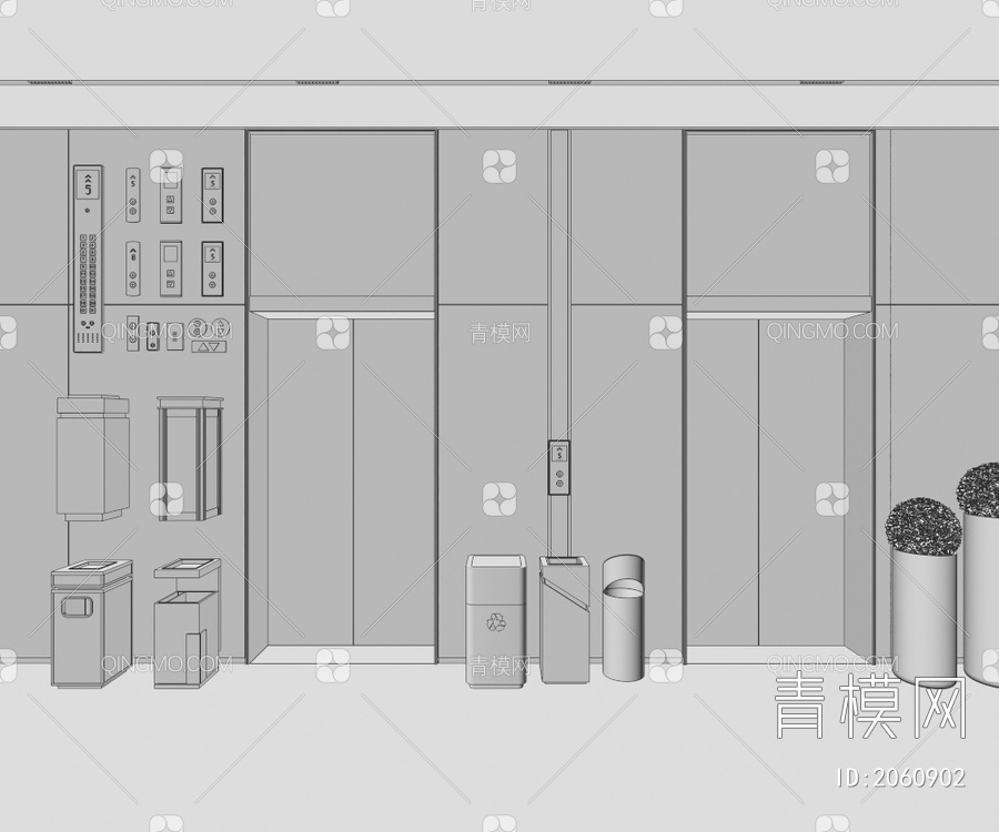 电梯厅 电梯间 电梯按钮 垃圾桶3D模型下载【ID:2060902】