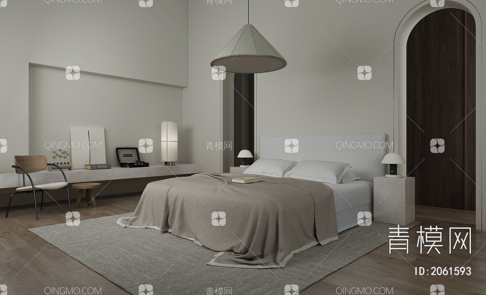 卧室 床 床头柜 台灯 吊灯 单椅 休闲椅 地毯3D模型下载【ID:2061593】