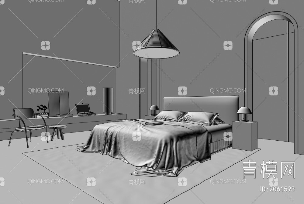 卧室 床 床头柜 台灯 吊灯 单椅 休闲椅 地毯3D模型下载【ID:2061593】