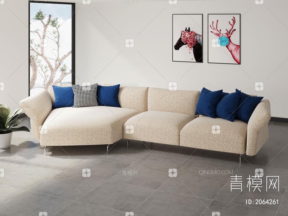 意式极简时尚布艺三人位沙发客厅模块组合多人沙发异形转角沙发3D模型下载【ID:2064261】