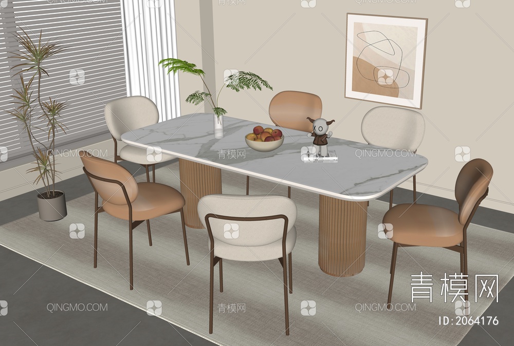 奶油风餐桌椅组合SU模型下载【ID:2064176】