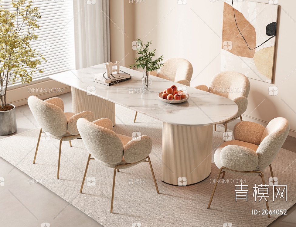 奶油风餐桌椅组合SU模型下载【ID:2064052】