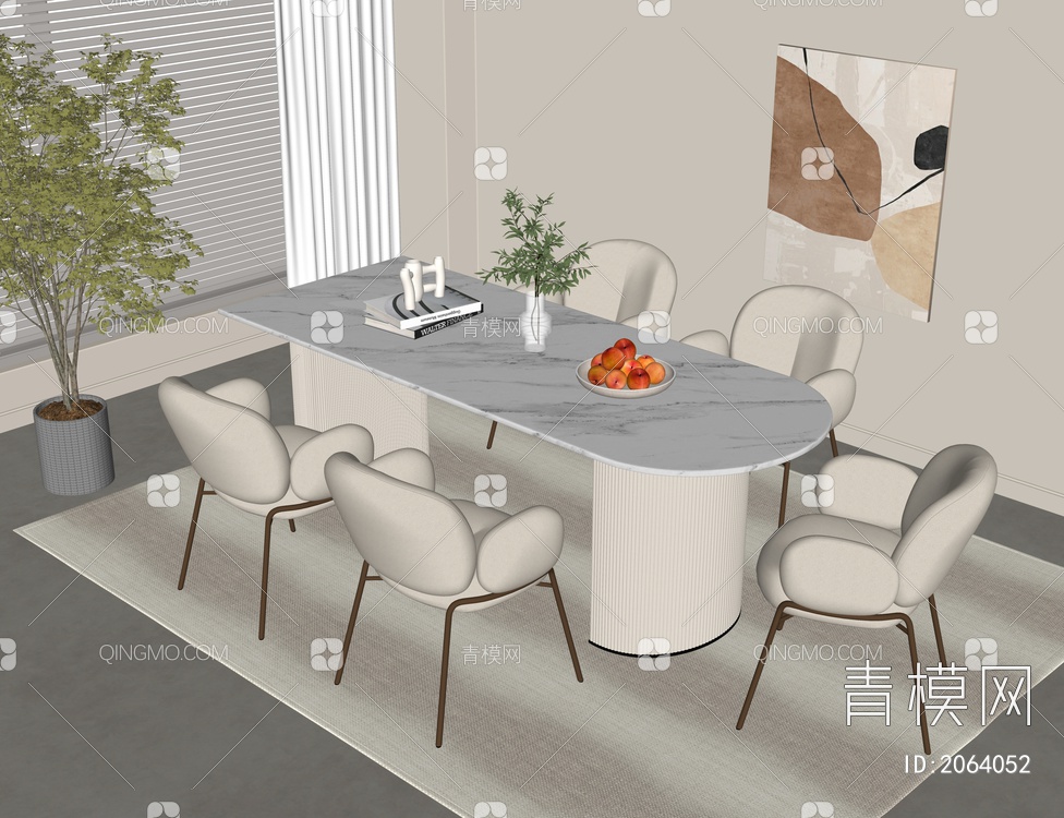奶油风餐桌椅组合SU模型下载【ID:2064052】