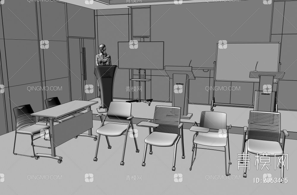 培训室 培训桌椅 演讲台 移动白板电视3D模型下载【ID:2063405】