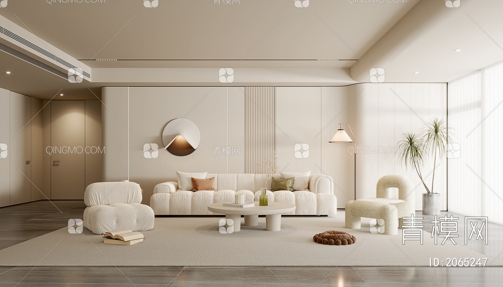 客厅 沙发茶几组合 单人沙发 多人沙发 凳子 落地灯 盆栽3D模型下载【ID:2065247】
