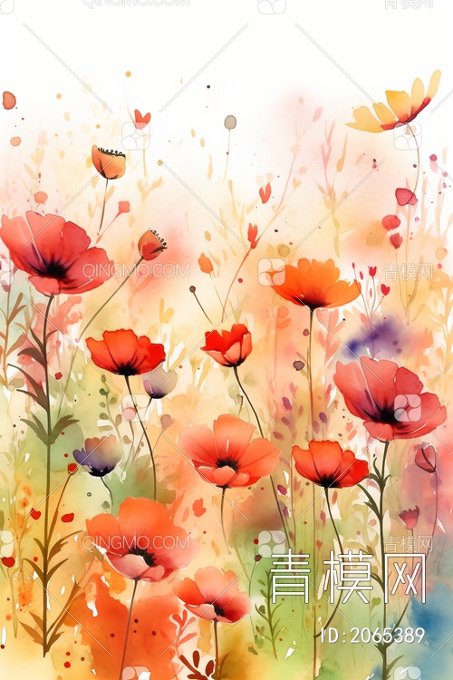 水彩花卉植物装饰画红色中国风贴图下载【ID:2065389】