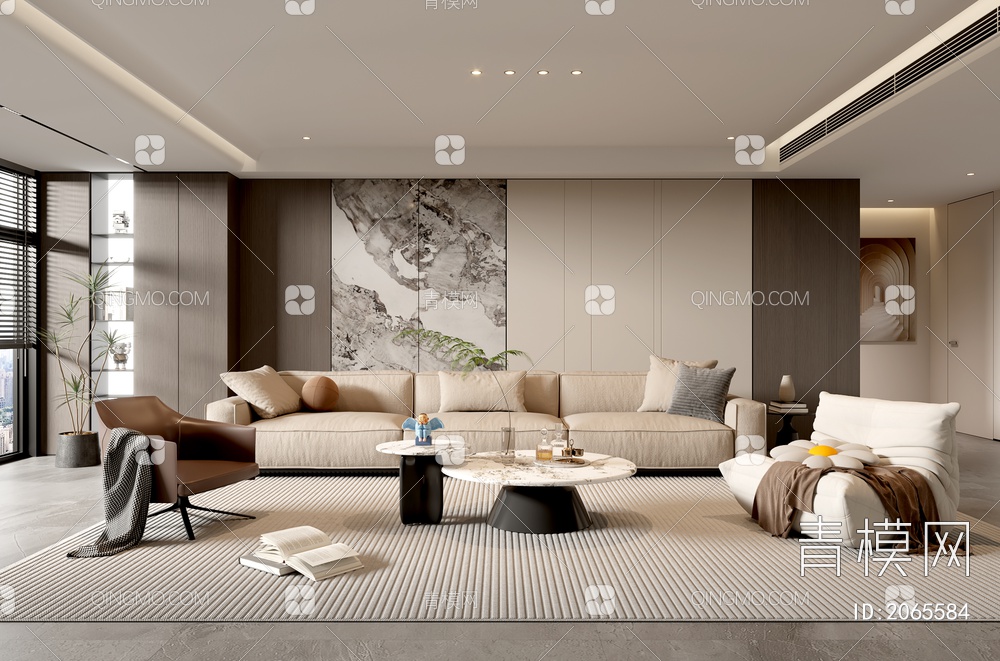 家居客厅 茶几组合 沙发背景墙 落地灯 极简客厅3D模型下载【ID:2065584】