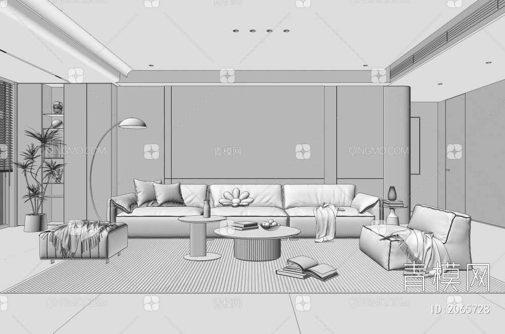 家居客厅 客厅 茶几组合 沙发背景墙 落地灯 极简客厅3D模型下载【ID:2065728】