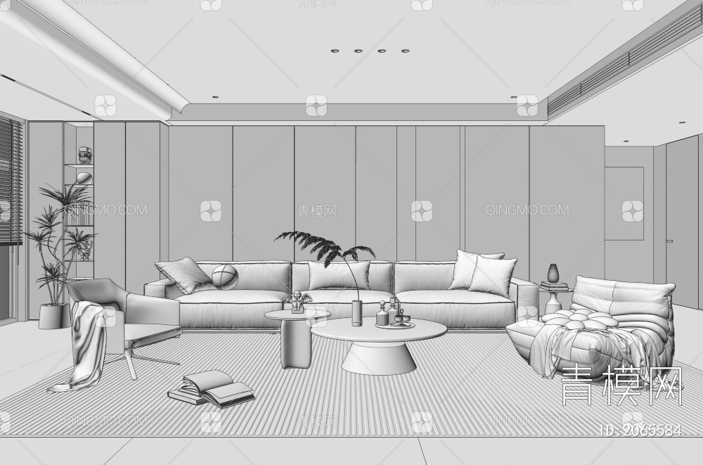 家居客厅 茶几组合 沙发背景墙 落地灯 极简客厅3D模型下载【ID:2065584】
