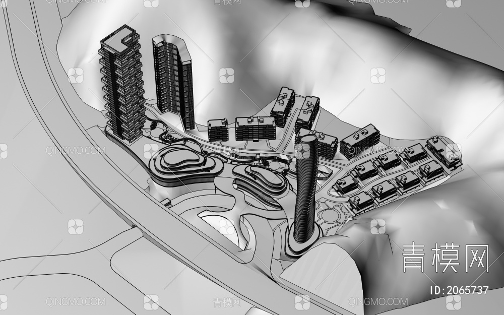鸟瞰商业规划建筑3D模型下载【ID:2065737】