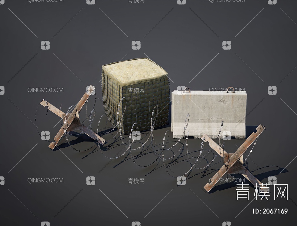 沙障、混凝土护栏、反坦克刺猬3D模型下载【ID:2067169】