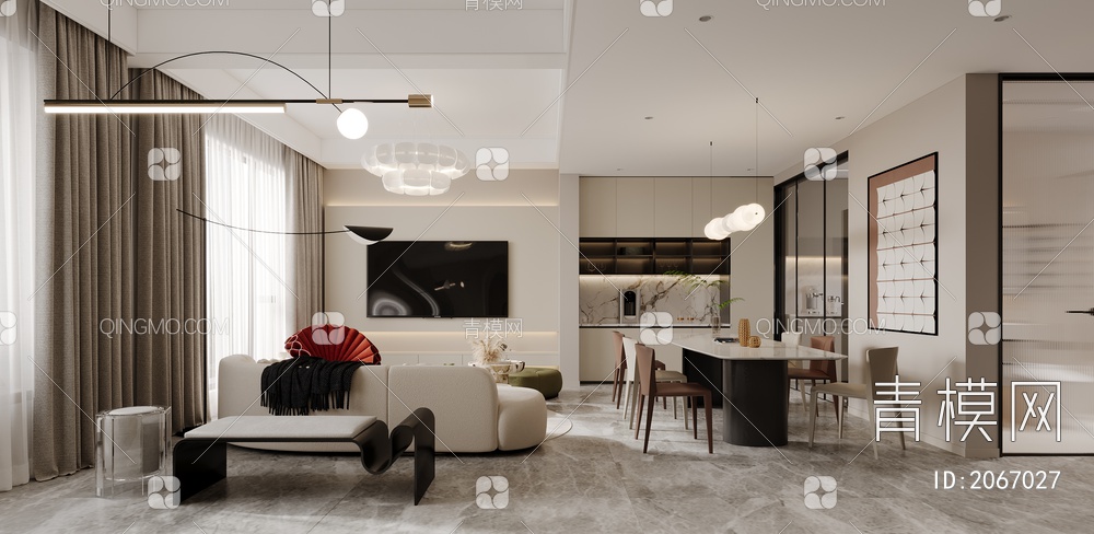 一楼客厅 客餐厅 茶室 卫生间 厨房3D模型下载【ID:2067027】