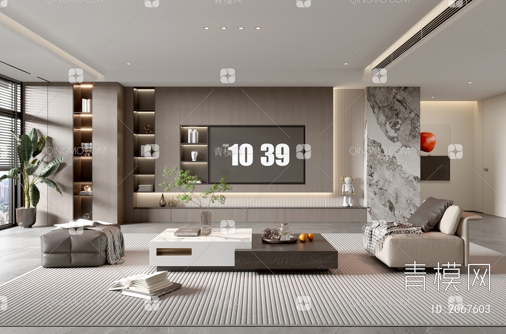 家居客厅 电视背景墙 客厅 茶几组合 沙发 电视柜 极简客厅3D模型下载【ID:2067603】