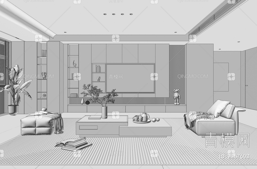 家居客厅 电视背景墙 客厅 茶几组合 沙发 电视柜 极简客厅3D模型下载【ID:2067603】