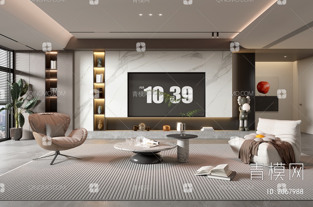 家居客厅 电视背景墙 客厅 茶几组合 沙发 电视柜 极简客厅3D模型下载【ID:2067988】