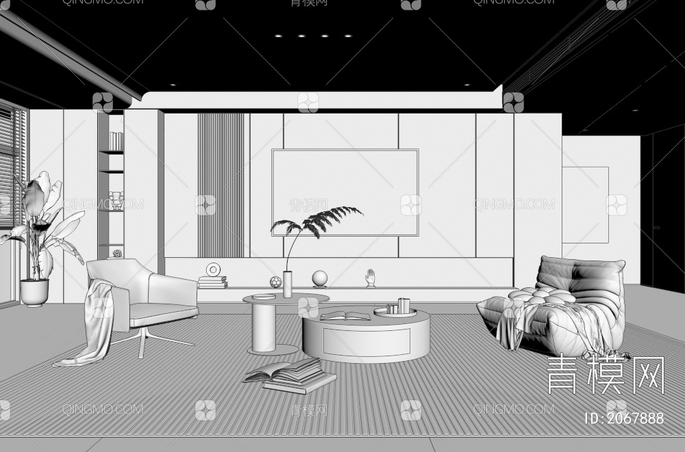 家居客厅 电视背景墙 客厅 茶几组合 沙发 电视柜 极简客厅3D模型下载【ID:2067888】
