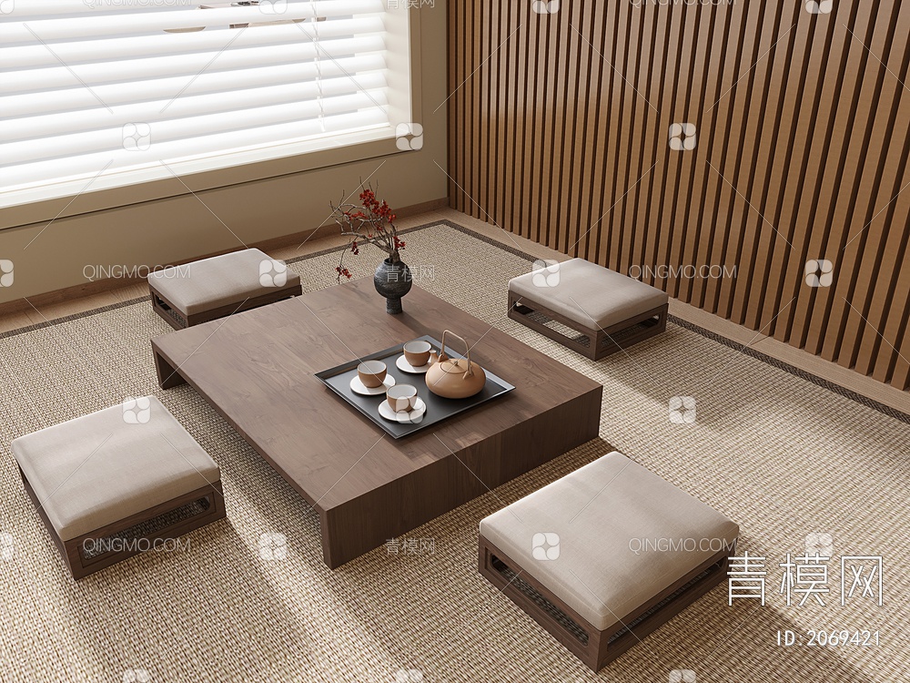 蒲团，茶桌3D模型下载【ID:2069421】