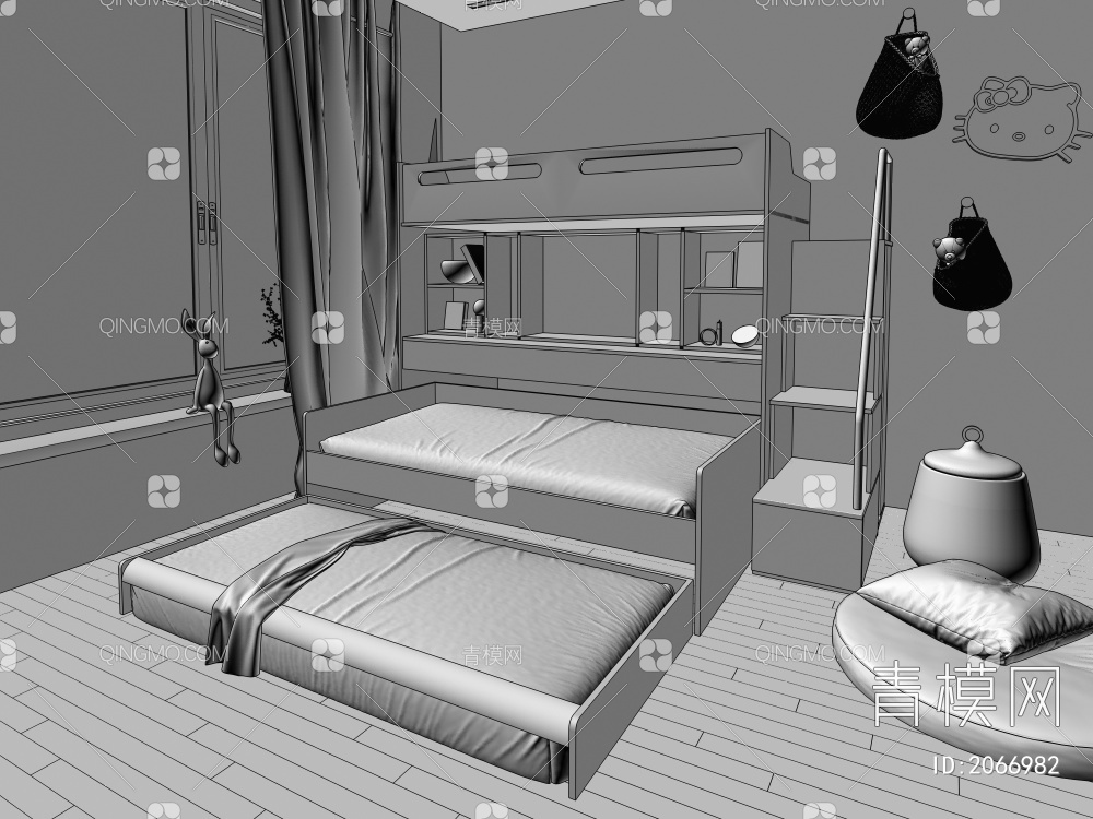 三人床 儿童床 组合写字桌3D模型下载【ID:2066982】