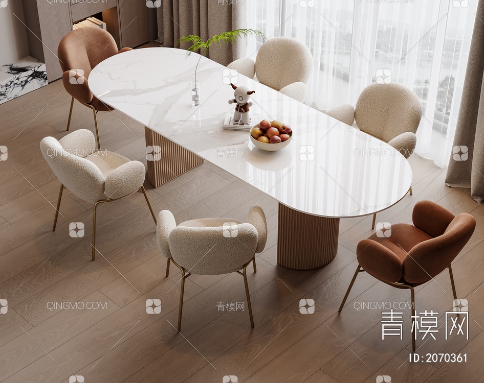 奶油风餐桌椅组合SU模型下载【ID:2070361】