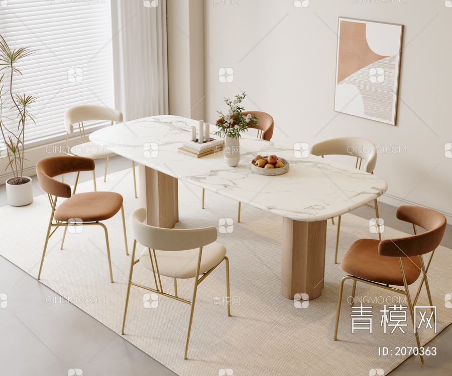 奶油风餐桌椅组合SU模型下载【ID:2070363】