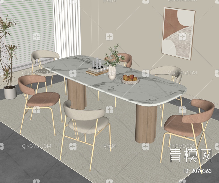 奶油风餐桌椅组合SU模型下载【ID:2070363】