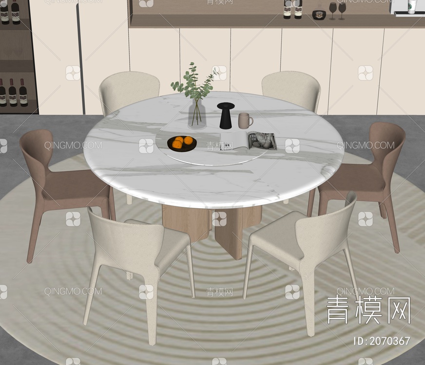 奶油风餐桌椅组合SU模型下载【ID:2070367】