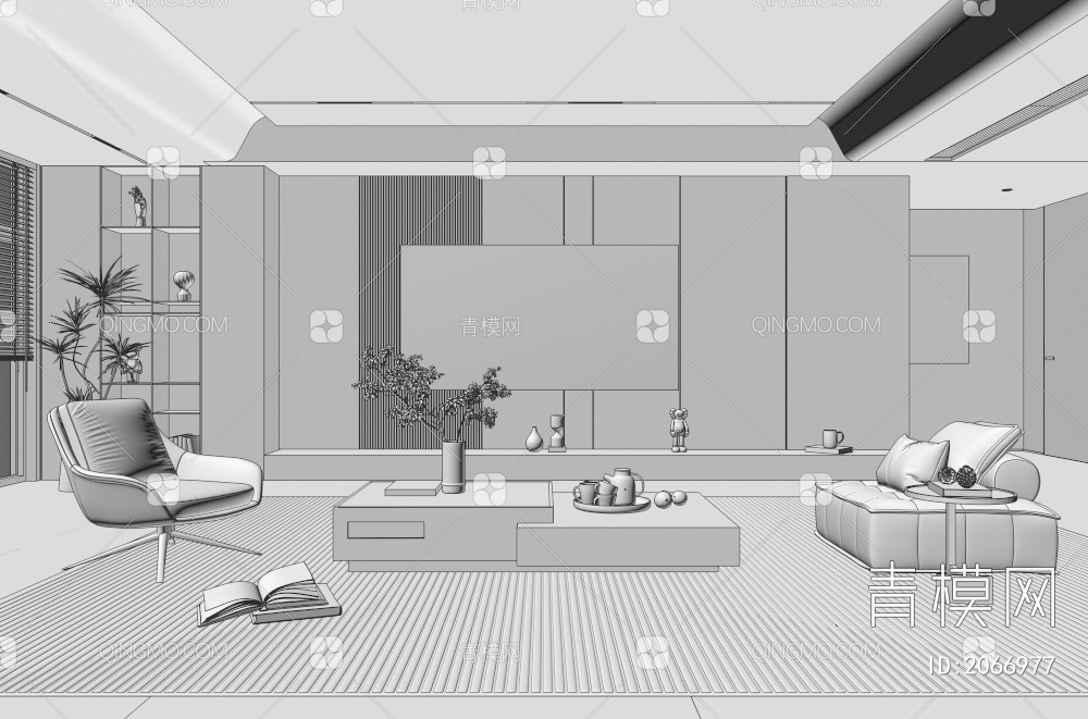 家居客厅 电视背景墙 客厅 茶几组合 沙发 电视柜 极简客厅3D模型下载【ID:2066977】