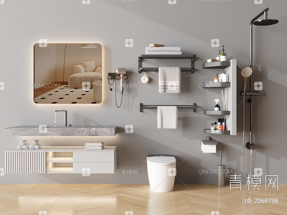 马桶，浴室柜，毛巾架，淋浴花洒3D模型下载【ID:2069798】