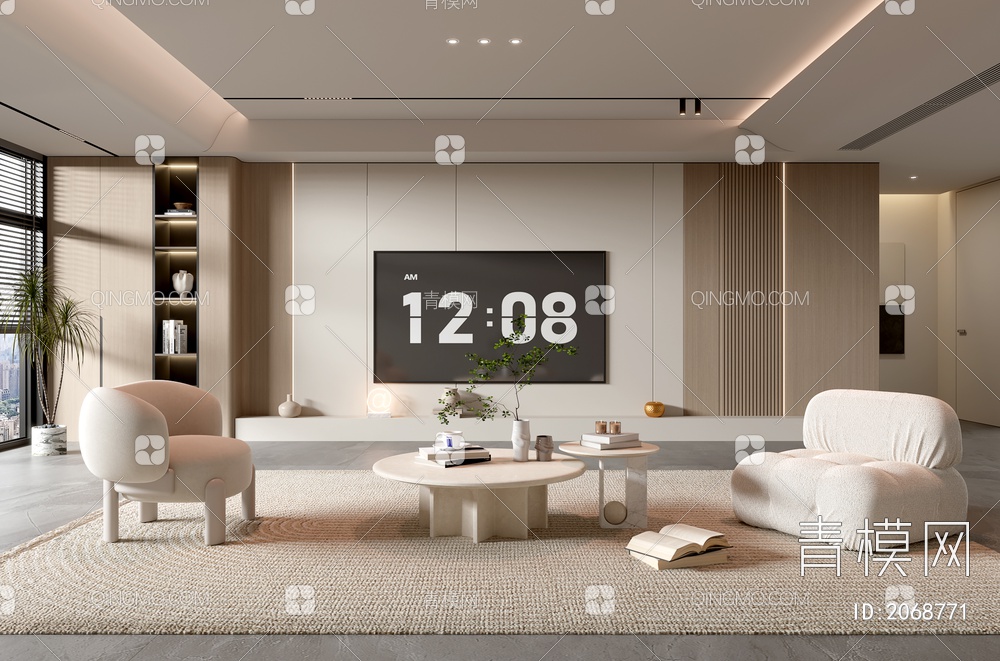 家居客厅 电视背景墙 奶油客厅 茶几组合 沙发 电视柜 奶油风3D模型下载【ID:2068771】