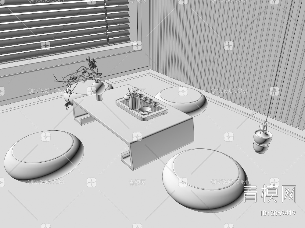蒲团，茶桌3D模型下载【ID:2069419】