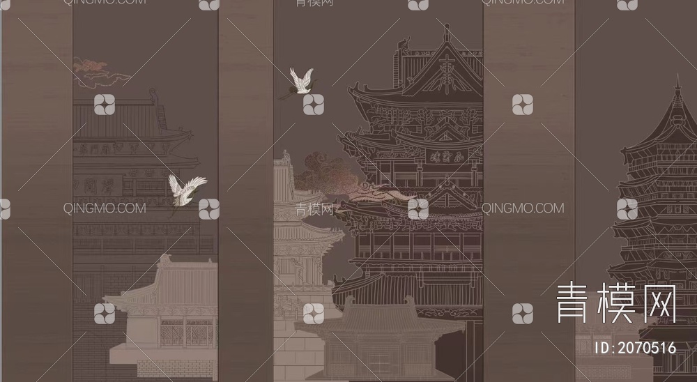 新中式建筑彩绘壁纸工笔画贴图下载【ID:2070516】