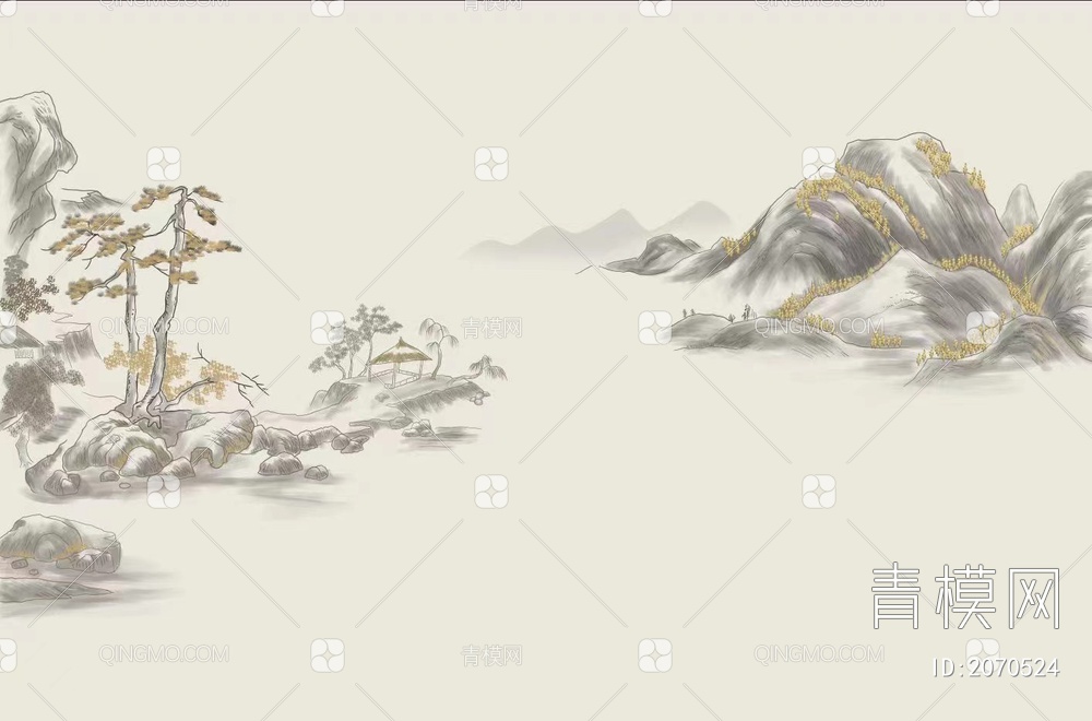 新中式山脉松树彩绘壁纸笔画背景贴图下载【ID:2070524】