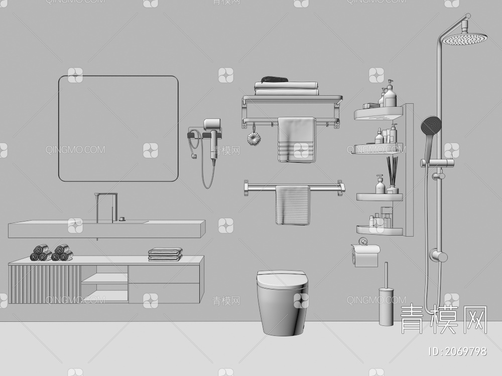 马桶，浴室柜，毛巾架，淋浴花洒3D模型下载【ID:2069798】