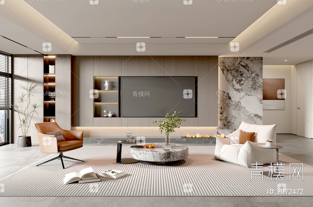 家居客厅 电视背景墙 客厅 茶几组合 沙发 电视柜 极简客厅3D模型下载【ID:2072472】