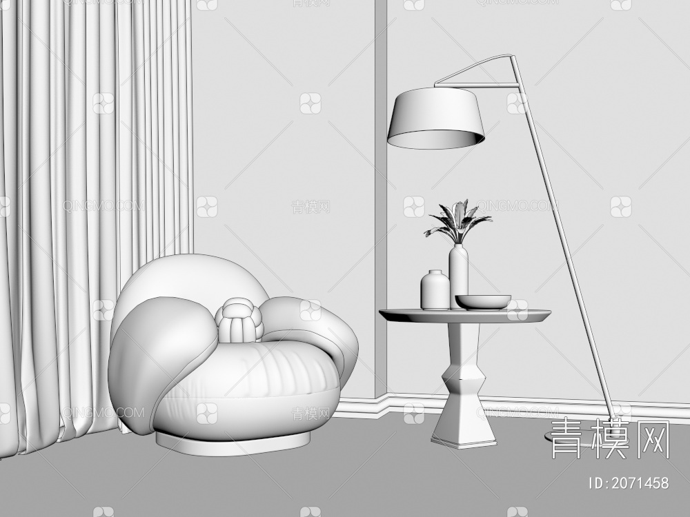 羊羔绒单人沙发 茶几 落地灯组合3D模型下载【ID:2071458】