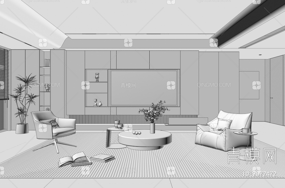家居客厅 电视背景墙 客厅 茶几组合 沙发 电视柜 极简客厅3D模型下载【ID:2072472】