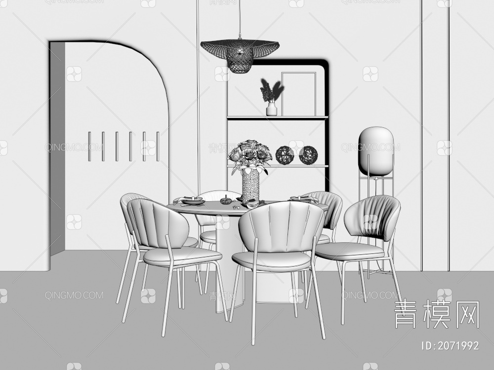 大理石圆桌白色布艺餐椅组合3D模型下载【ID:2071992】