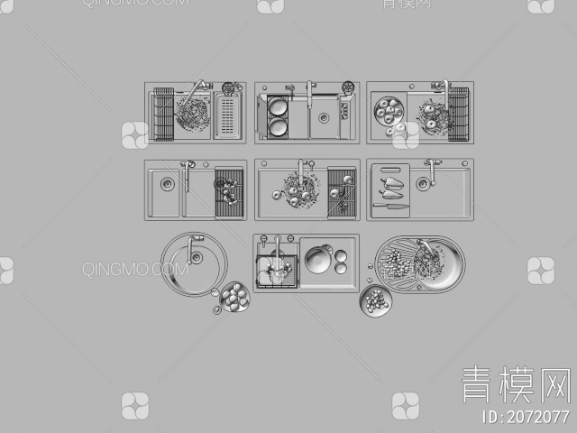 厨房水槽 嵌入式水槽 洗菜盆 水龙头 水果 食物3D模型下载【ID:2072077】