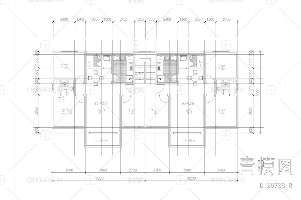 一梯两户户型CAD平面图纸库高层住宅小区建筑居住区室内布局规划【ID:2073818】