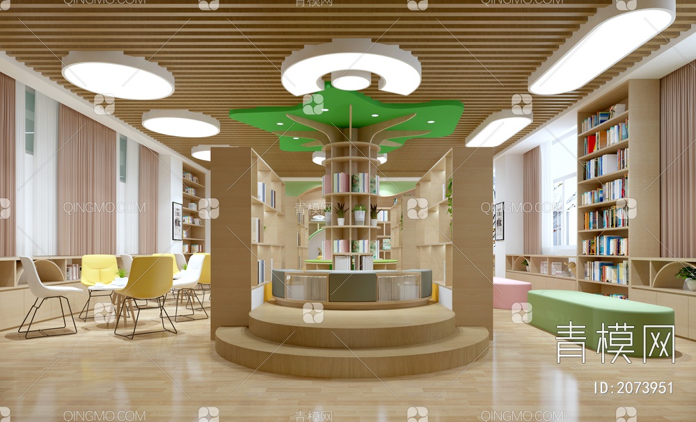 阅览室大厅 图书室大厅 学校阅览室3D模型下载【ID:2073951】