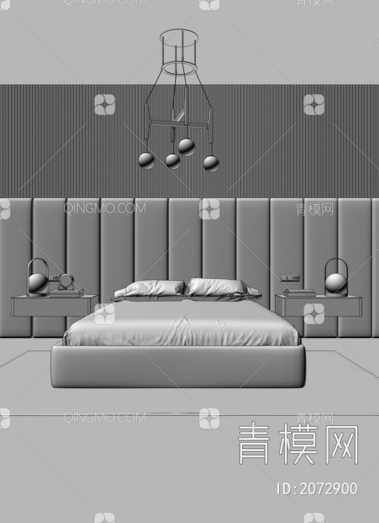 极简卧室 床 床头柜 吊灯3D模型下载【ID:2072900】